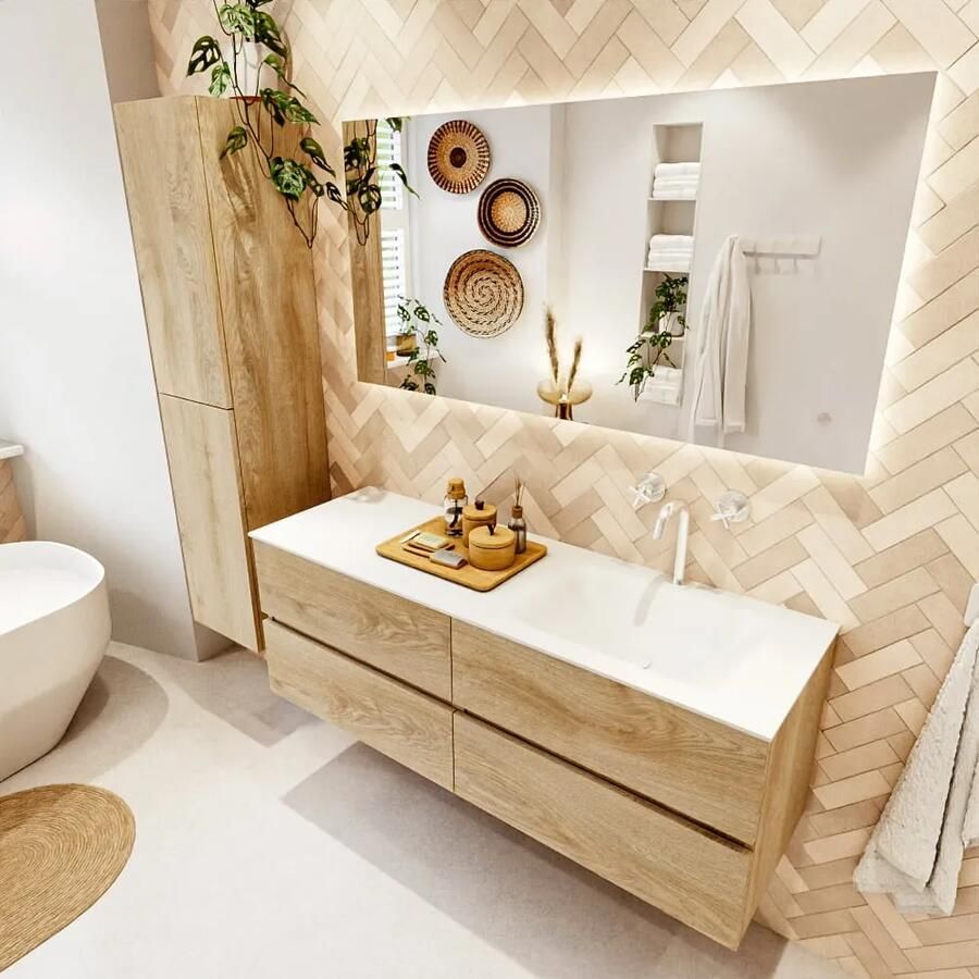 Mondiaz VICA 140cm badmeubel onderkast Washed Oak 4 lades. Wastafel CLOUD rechts 1 kraangat kleur Talc.