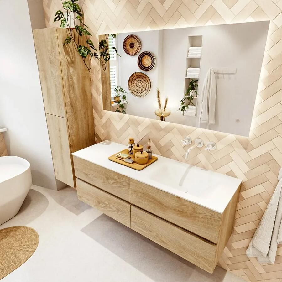 Mondiaz VICA 140cm badmeubel onderkast Washed Oak 4 lades. Wastafel CLOUD rechts zonder kraangat kleur Talc.