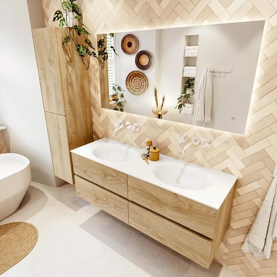 Mondiaz VICA 140cm badmeubel onderkast Washed Oak 4 lades. Wastafel MOON dubbel zonder kraangat kleur Talc.