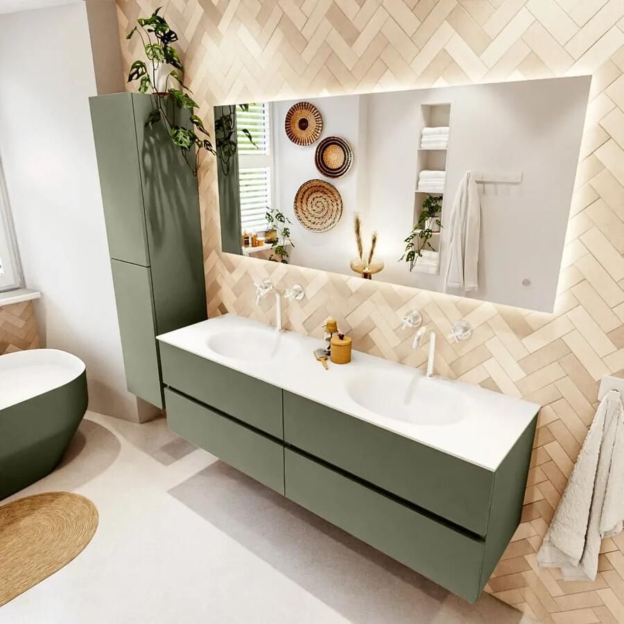 Mondiaz VICA 160cm badmeubel onderkast Army 4 lades. Wastafel MOON dubbel 2 kraangaten kleur Talc.