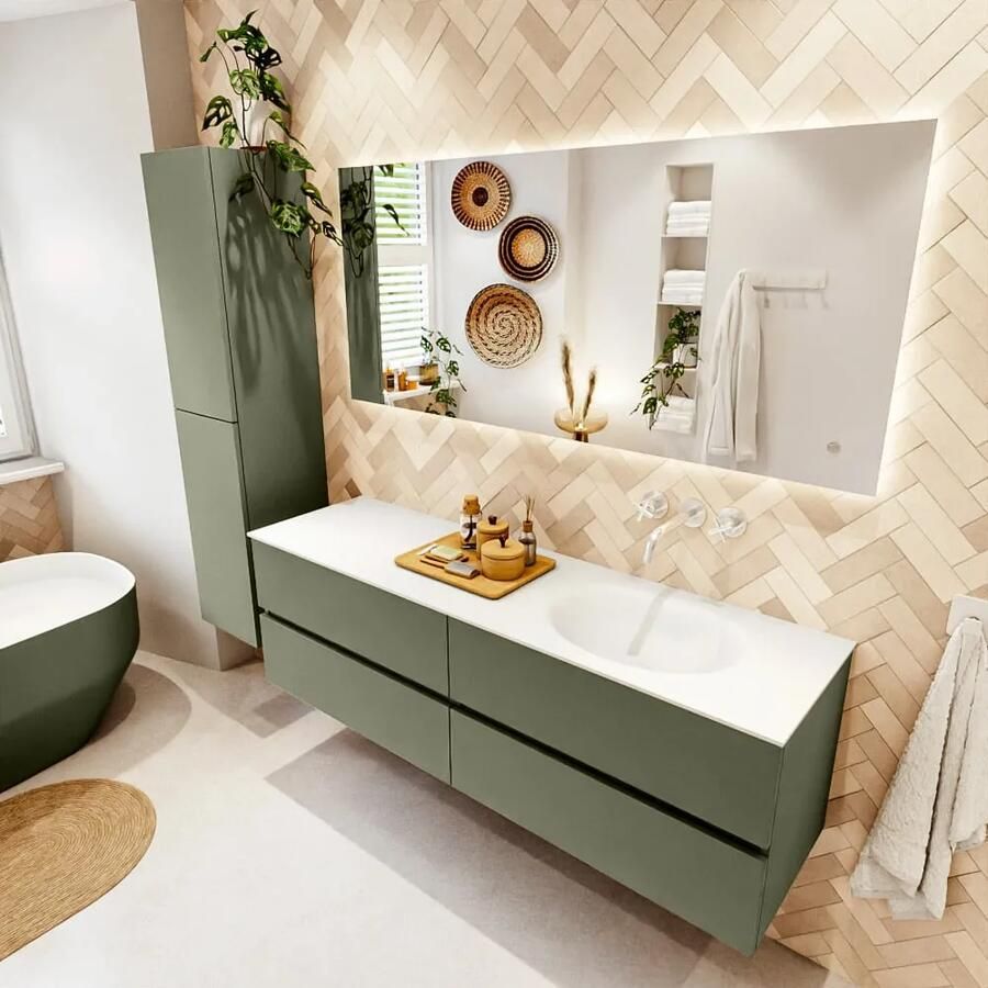 Mondiaz VICA 160cm badmeubel onderkast Army 4 lades. Wastafel MOON rechts zonder kraangat kleur Talc.