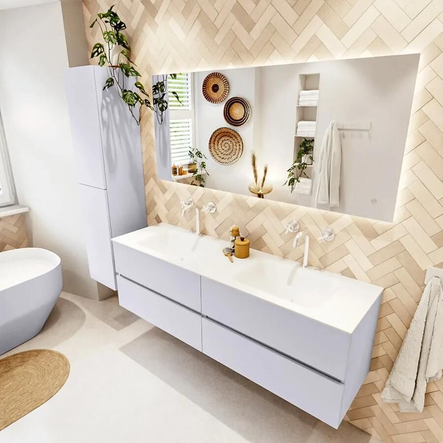 Mondiaz VICA 160cm badmeubel onderkast Cale 4 lades. Wastafel CLOUD dubbel 2 kraangaten kleur Talc.