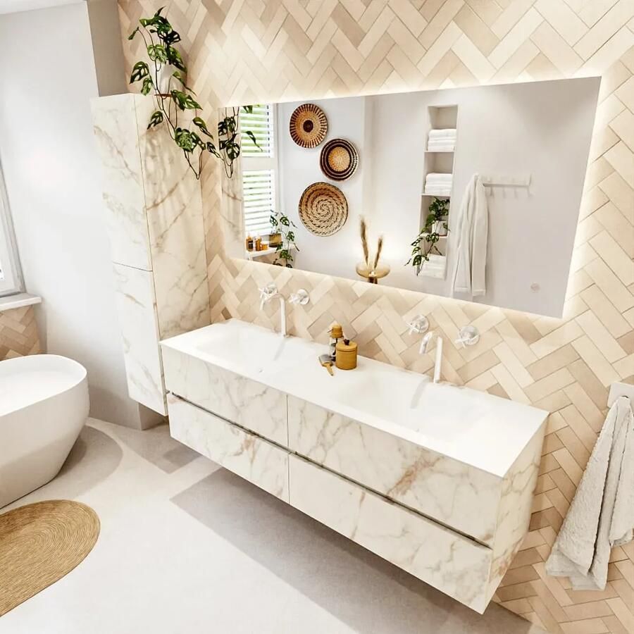 Mondiaz VICA 160cm badmeubel onderkast Carrara 4 lades. Wastafel CLOUD dubbel 2 kraangaten kleur Talc.