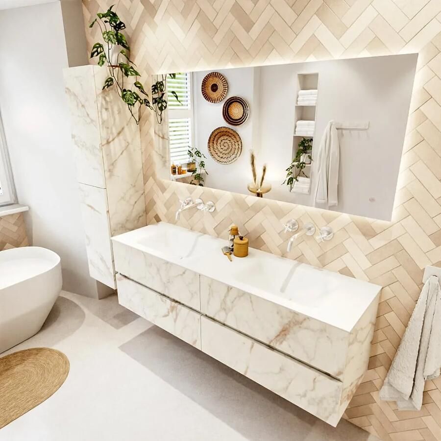 Mondiaz VICA 160cm badmeubel onderkast Carrara 4 lades. Wastafel CLOUD dubbel zonder kraangat kleur Talc.