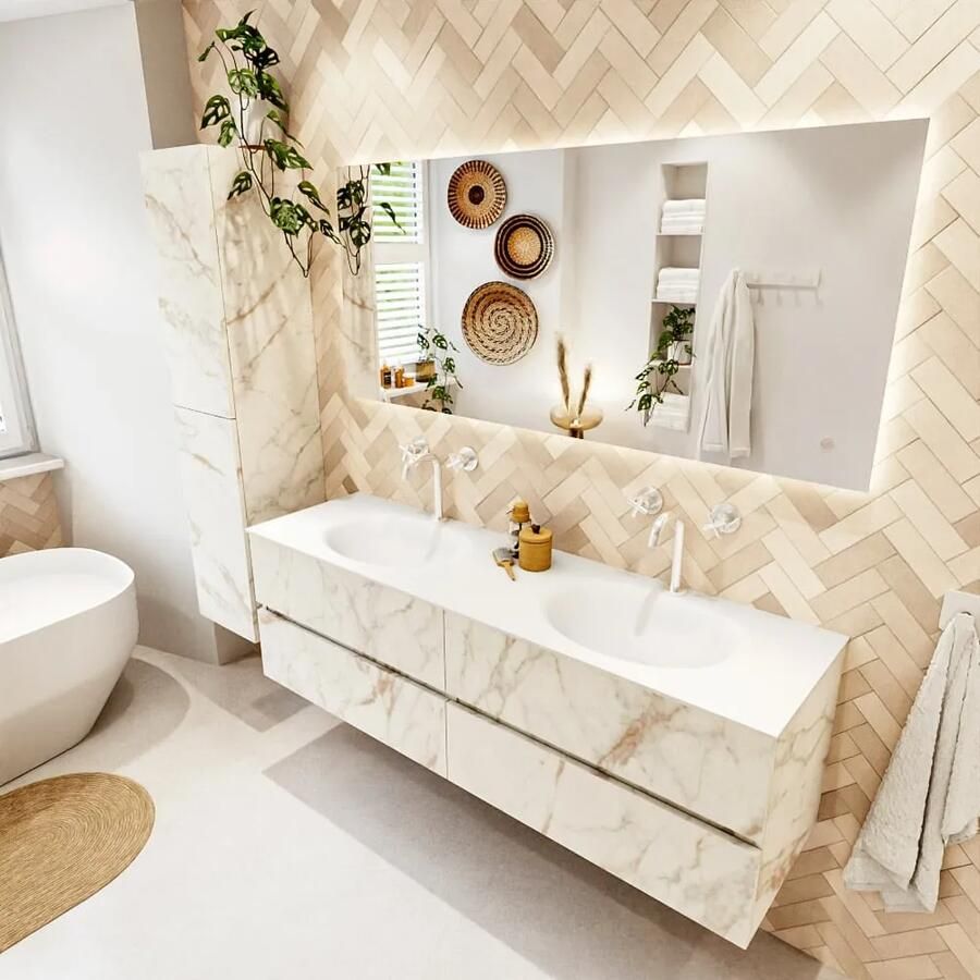 Mondiaz VICA 160cm badmeubel onderkast Carrara 4 lades. Wastafel MOON dubbel 2 kraangaten kleur Talc.