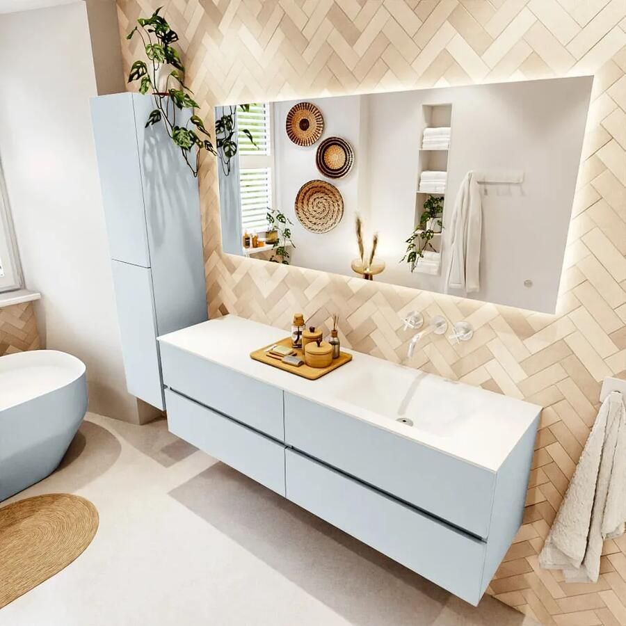 Mondiaz VICA 160cm badmeubel onderkast Clay 4 lades. Wastafel CLOUD rechts zonder kraangat kleur Talc.