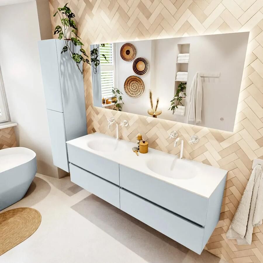 Mondiaz VICA 160cm badmeubel onderkast Clay 4 lades. Wastafel MOON dubbel 2 kraangaten kleur Talc.