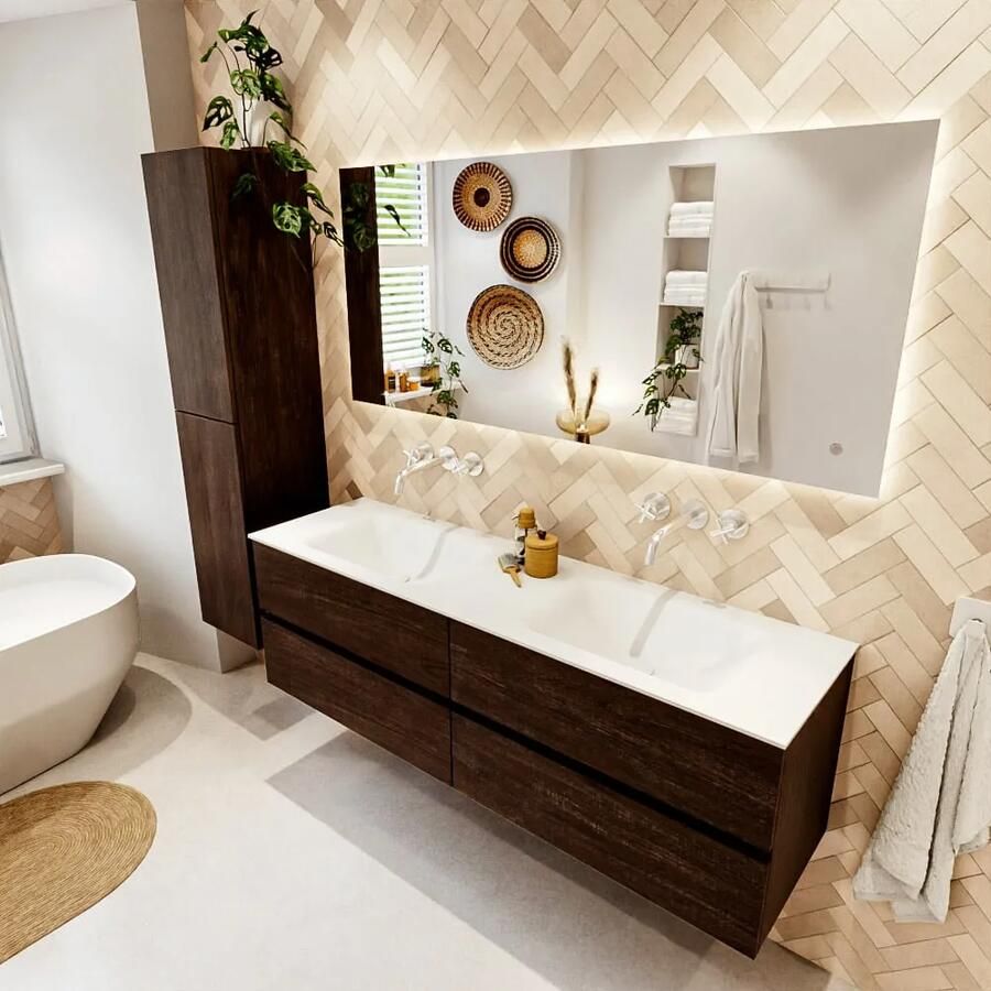 Mondiaz VICA 160cm badmeubel onderkast Dark Brown 4 lades. Wastafel CLOUD dubbel zonder kraangat kleur Talc.