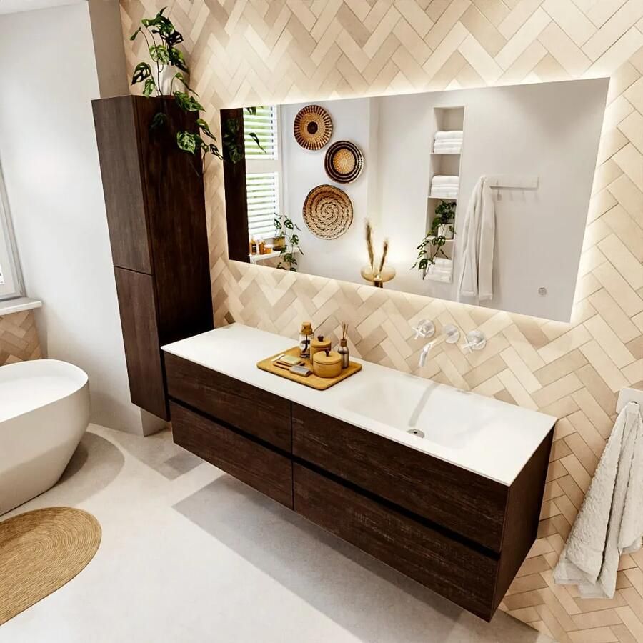 Mondiaz VICA 160cm badmeubel onderkast Dark Brown 4 lades. Wastafel CLOUD rechts zonder kraangat kleur Talc. - Foto 2