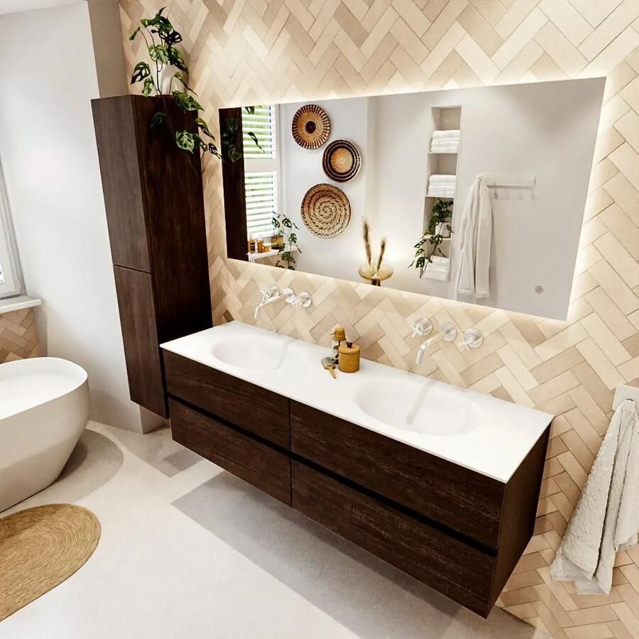 Mondiaz VICA 160cm badmeubel onderkast Dark Brown 4 lades. Wastafel MOON dubbel zonder kraangat kleur Talc.
