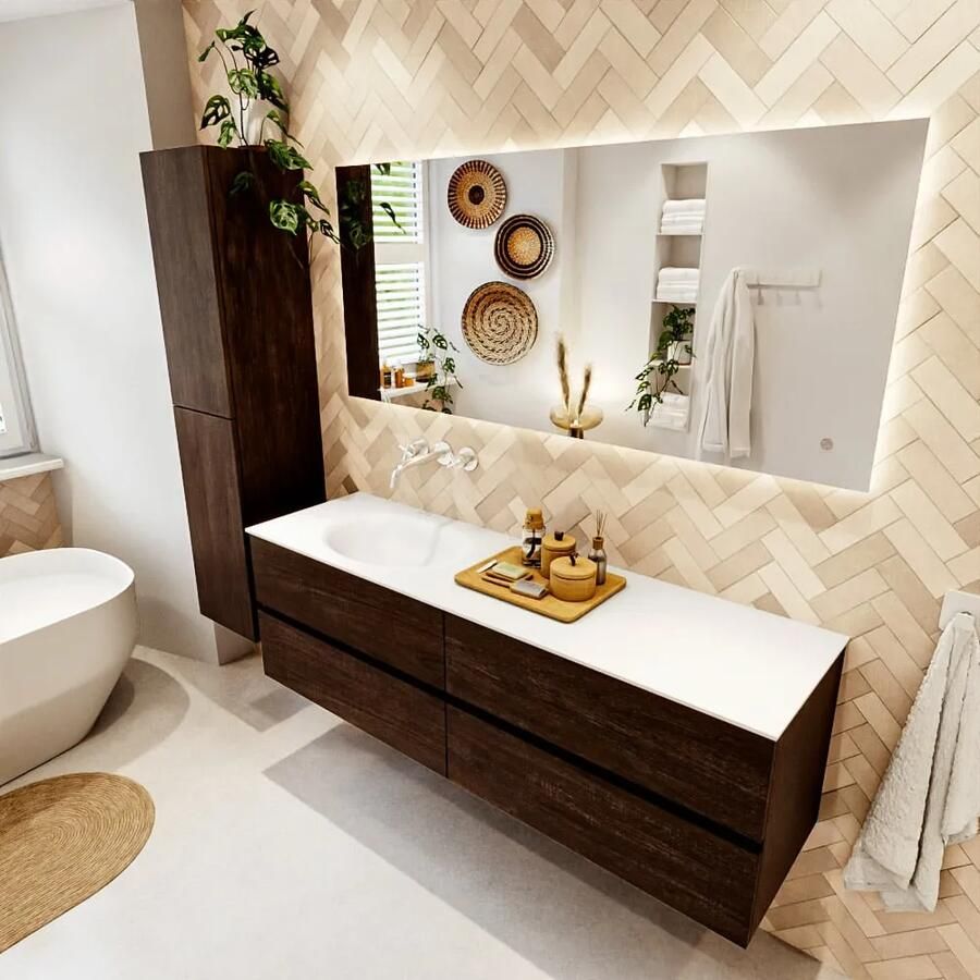 Mondiaz VICA 160cm badmeubel onderkast Dark Brown 4 lades. Wastafel MOON links zonder kraangat kleur Talc.