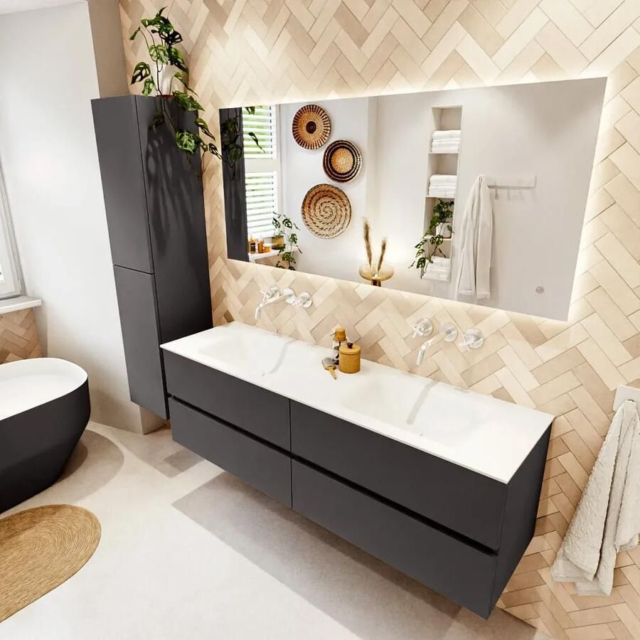 Mondiaz VICA 160cm badmeubel onderkast Dark Grey 4 lades. Wastafel CLOUD dubbel zonder kraangat kleur Talc.