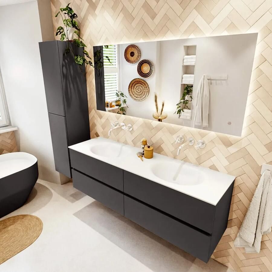 Mondiaz VICA 160cm badmeubel onderkast Dark Grey 4 lades. Wastafel MOON dubbel zonder kraangat kleur Talc.