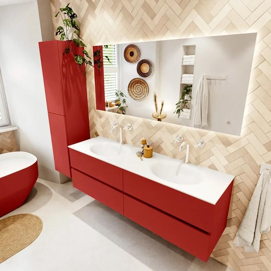Mondiaz VICA 160cm badmeubel onderkast Fire 4 lades. Wastafel MOON dubbel 2 kraangaten kleur Talc.