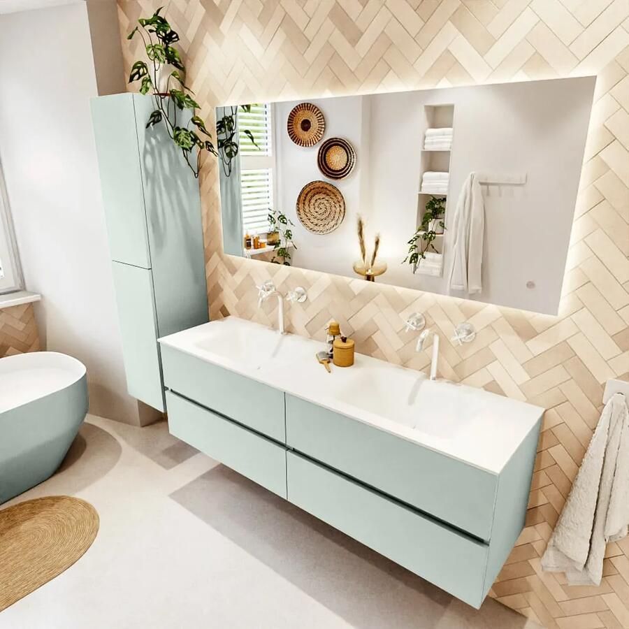 Mondiaz VICA 160cm badmeubel onderkast Greey 4 lades. Wastafel CLOUD dubbel 2 kraangaten kleur Talc.