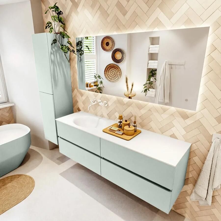 Mondiaz VICA 160cm badmeubel onderkast Greey 4 lades. Wastafel MOON links zonder kraangat kleur Talc.