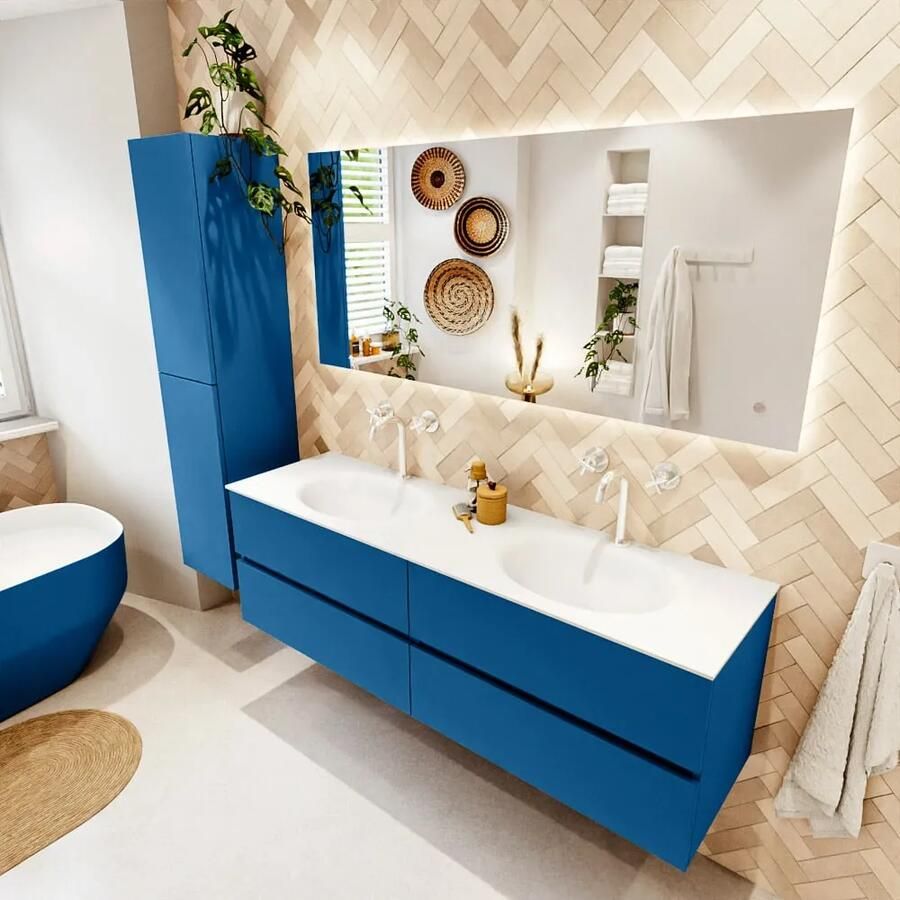 Mondiaz VICA 160cm badmeubel onderkast Jeans 4 lades. Wastafel MOON dubbel 2 kraangaten kleur Talc.