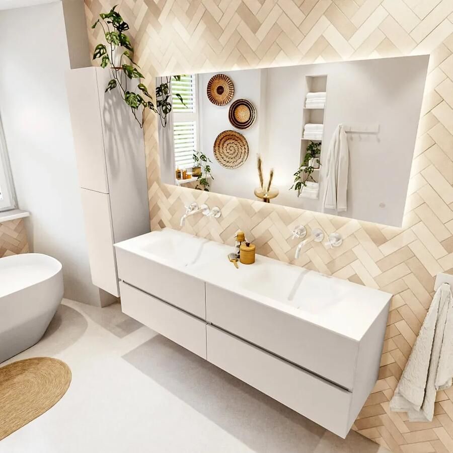 Mondiaz VICA 160cm badmeubel onderkast Linen 4 lades. Wastafel CLOUD dubbel zonder kraangat kleur Talc. - Foto 2