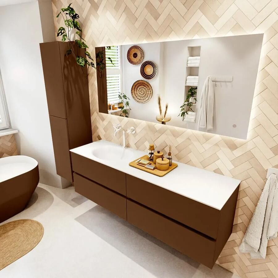 Mondiaz VICA 160cm badmeubel onderkast Rust 4 lades. Wastafel MOON links 1 kraangat kleur Talc.