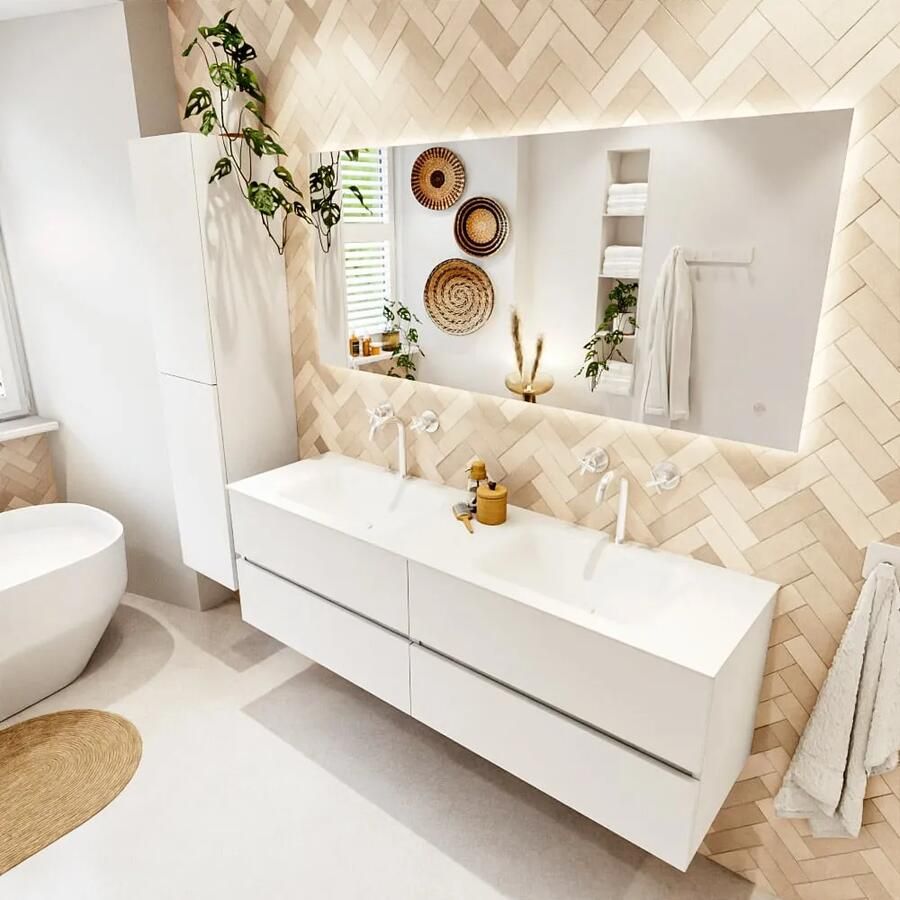 Mondiaz VICA 160cm badmeubel onderkast Talc 4 lades. Wastafel CLOUD dubbel 2 kraangaten kleur Talc.
