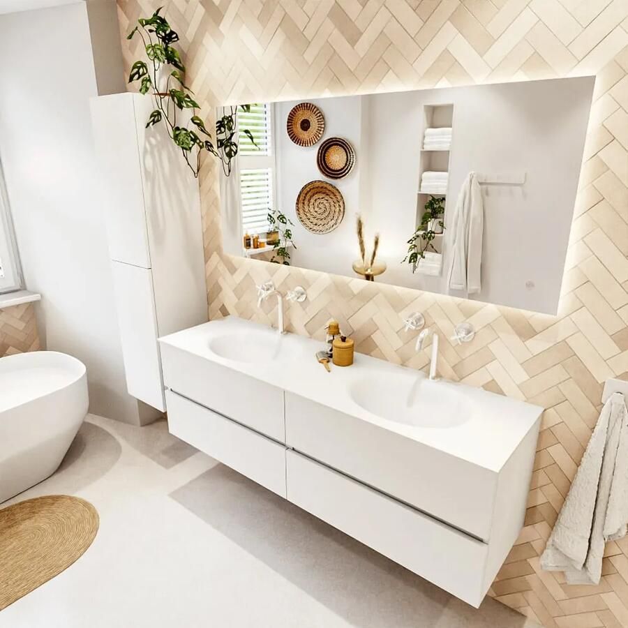 Mondiaz VICA 160cm badmeubel onderkast Talc 4 lades. Wastafel MOON dubbel 2 kraangaten kleur Talc.