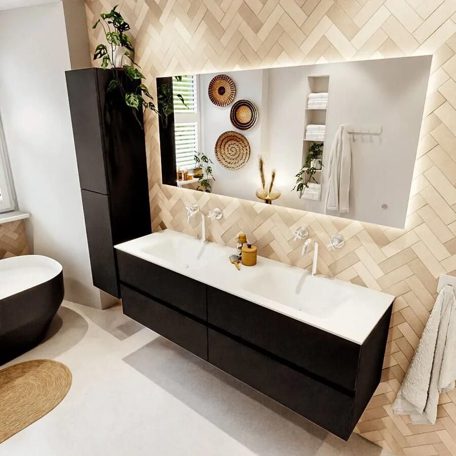 Mondiaz VICA 160cm badmeubel onderkast Urban 4 lades. Wastafel CLOUD dubbel 2 kraangaten kleur Talc.