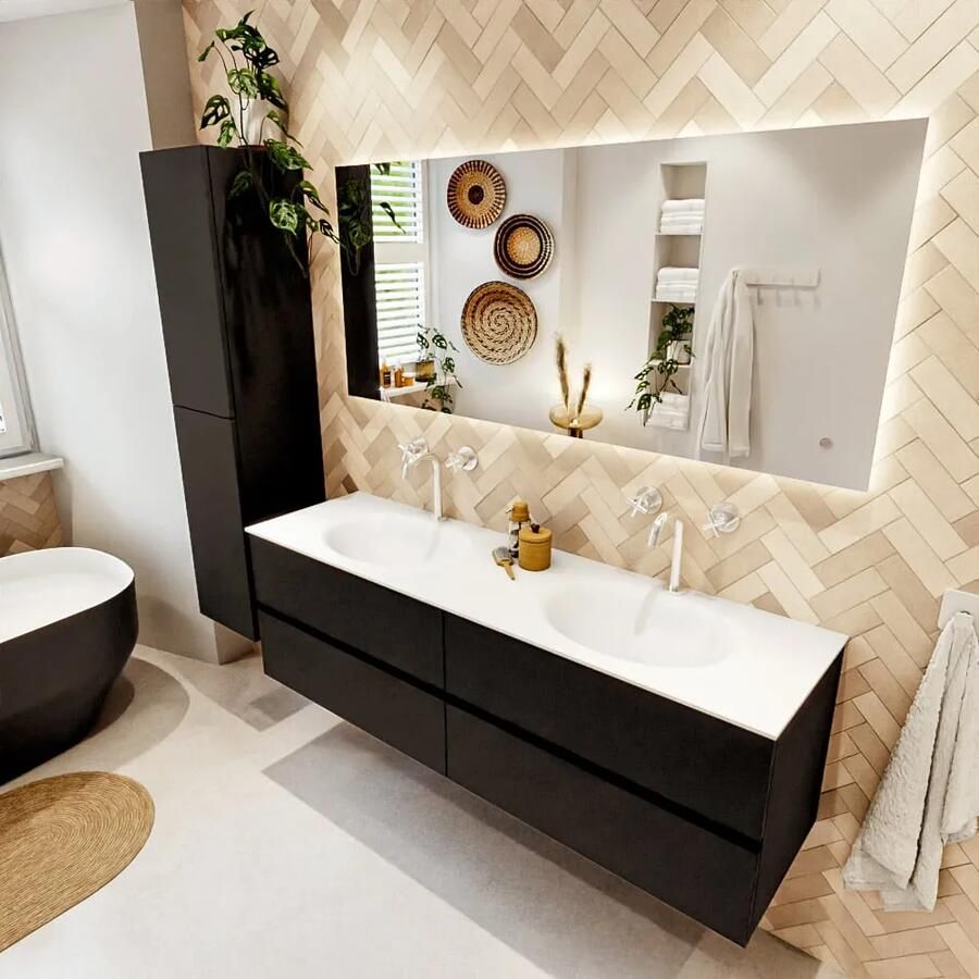 Mondiaz VICA 160cm badmeubel onderkast Urban 4 lades. Wastafel MOON dubbel 2 kraangaten kleur Talc.