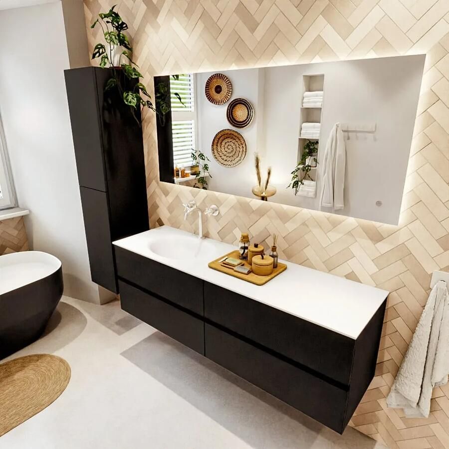 Mondiaz VICA 160cm badmeubel onderkast Urban 4 lades. Wastafel MOON links 1 kraangat kleur Talc.