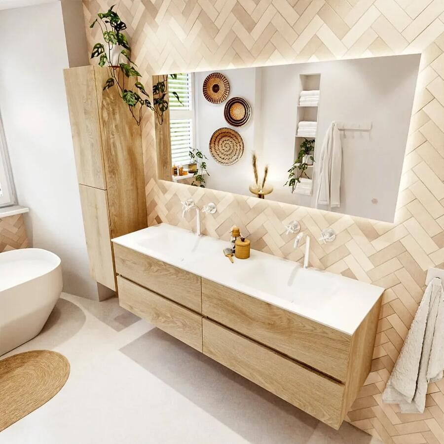 Mondiaz VICA 160 cm badmeubel onderkast Washed Oak 4 lades. Wastafel CLOUD dubbel 2 kraangaten kleur Talc.