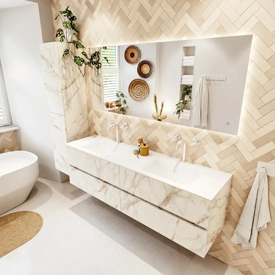 Mondiaz VICA 170cm badmeubel onderkast Carrara 4 lades. Wastafel CLOUD dubbel 2 kraangaten kleur Talc.