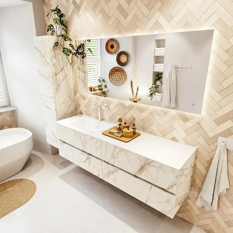 Mondiaz VICA 170cm badmeubel onderkast Carrara 4 lades. Wastafel CLOUD links 1 kraangat kleur Talc.