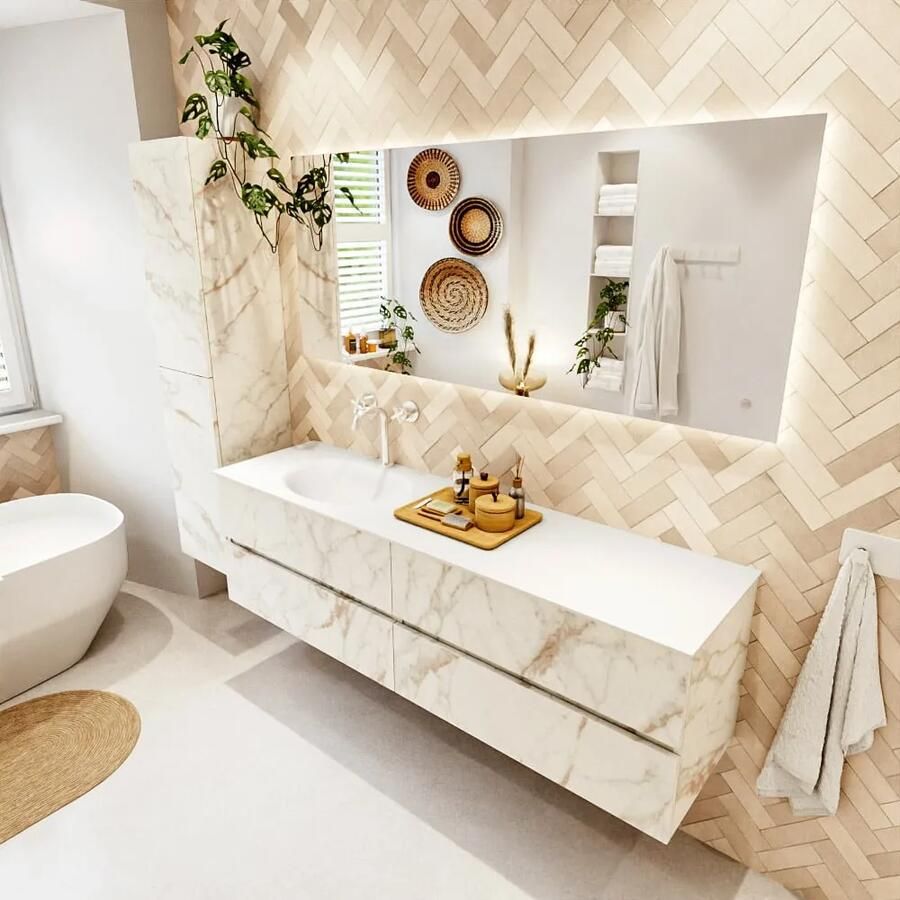 Mondiaz VICA 170cm badmeubel onderkast Carrara 4 lades. Wastafel MOON links 1 kraangat kleur Talc.