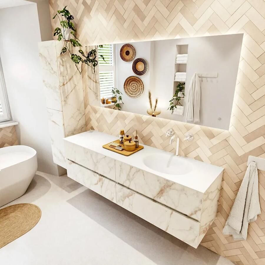 Mondiaz VICA 170cm badmeubel onderkast Carrara 4 lades. Wastafel MOON rechts 1 kraangat kleur Talc.