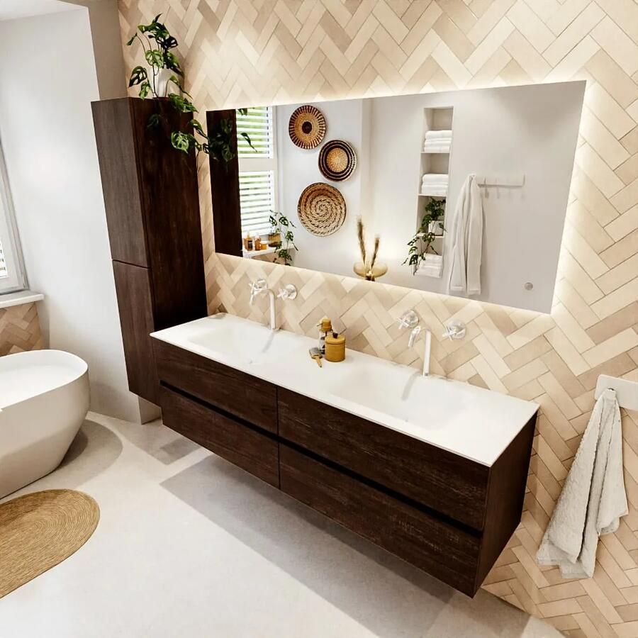 Mondiaz VICA 170cm badmeubel onderkast Dark Brown 4 lades. Wastafel CLOUD dubbel 2 kraangaten kleur Talc.