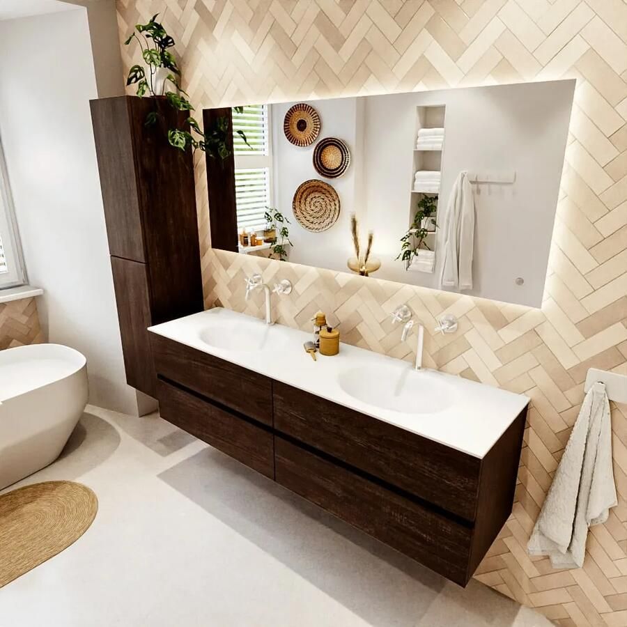 Mondiaz VICA 170cm badmeubel onderkast Dark Brown 4 lades. Wastafel MOON dubbel 2 kraangaten kleur Talc.
