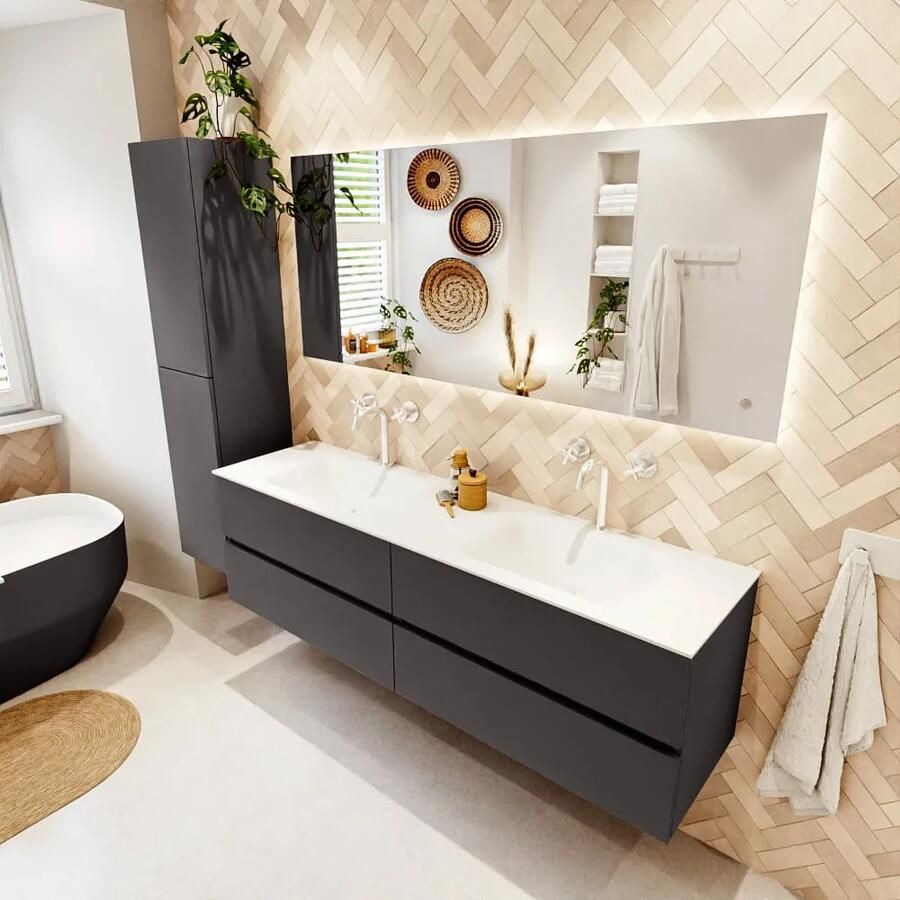 Mondiaz VICA 170cm badmeubel onderkast Dark Grey 4 lades. Wastafel CLOUD dubbel 2 kraangaten kleur Talc.