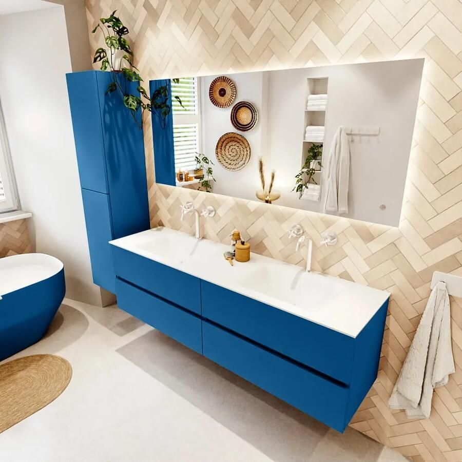 Mondiaz VICA 170cm badmeubel onderkast Jeans 4 lades. Wastafel CLOUD dubbel 2 kraangaten kleur Talc.