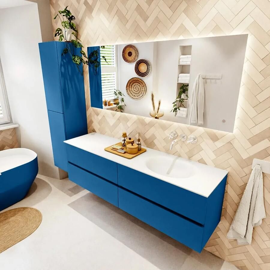 Mondiaz VICA 170cm badmeubel onderkast Jeans 4 lades. Wastafel MOON rechts zonder kraangat kleur Talc.