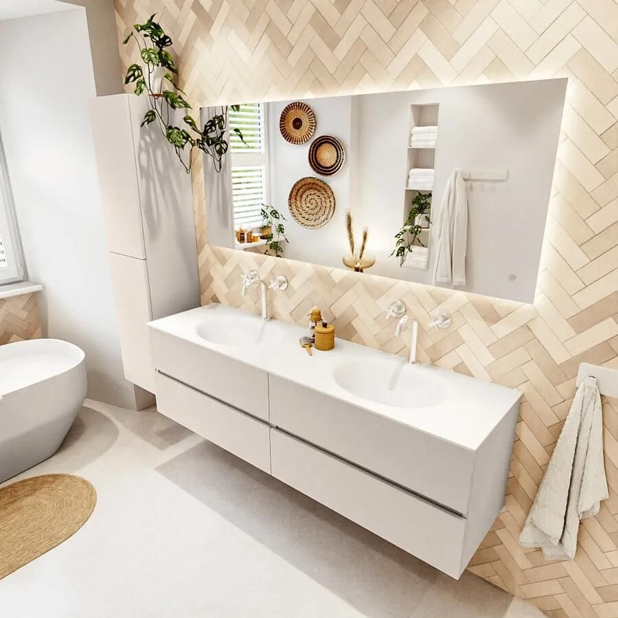 Mondiaz VICA 170cm badmeubel onderkast Linen 4 lades. Wastafel MOON dubbel 2 kraangaten kleur Talc.