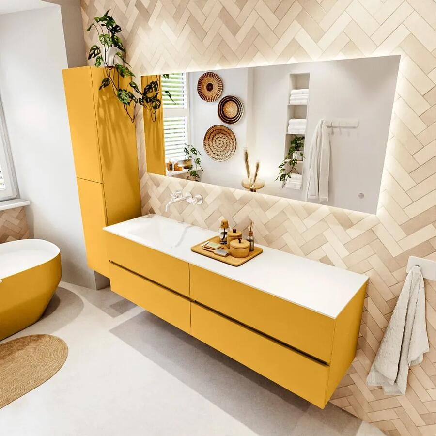 Mondiaz VICA 170cm badmeubel onderkast Ocher 4 lades. Wastafel CLOUD links zonder kraangat kleur Talc.