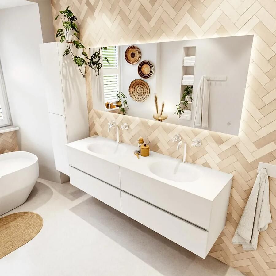 Mondiaz VICA 170cm badmeubel onderkast Talc 4 lades. Wastafel MOON dubbel 2 kraangaten kleur Talc.