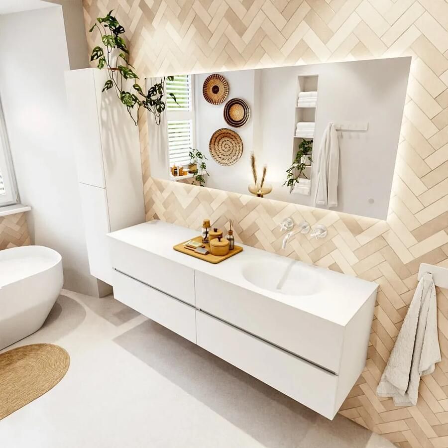 Mondiaz VICA 170cm badmeubel onderkast Talc 4 lades. Wastafel MOON rechts zonder kraangat kleur Talc.