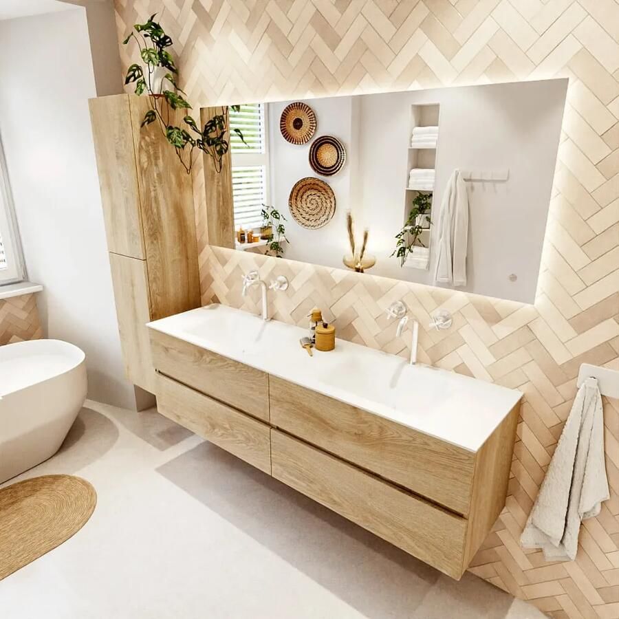 Mondiaz VICA 170cm badmeubel onderkast Washed Oak 4 lades. Wastafel CLOUD dubbel 2 kraangaten kleur Talc.