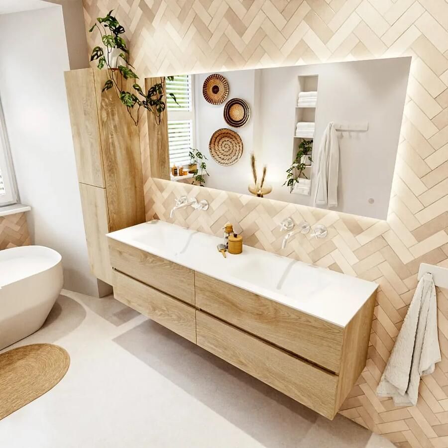 Mondiaz VICA 170cm badmeubel onderkast Washed Oak 4 lades. Wastafel CLOUD dubbel zonder kraangat kleur Talc.