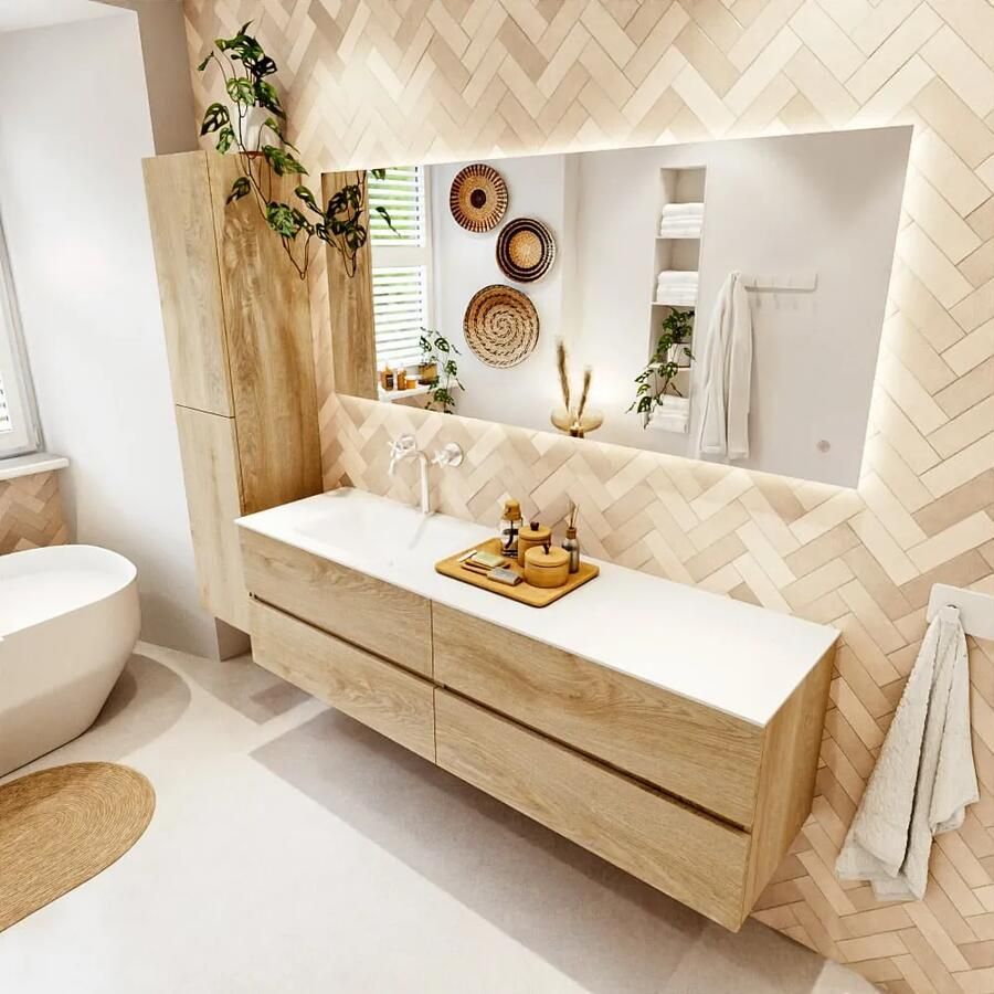 Mondiaz VICA 170cm badmeubel onderkast Washed Oak 4 lades. Wastafel CLOUD links 1 kraangat kleur Talc.