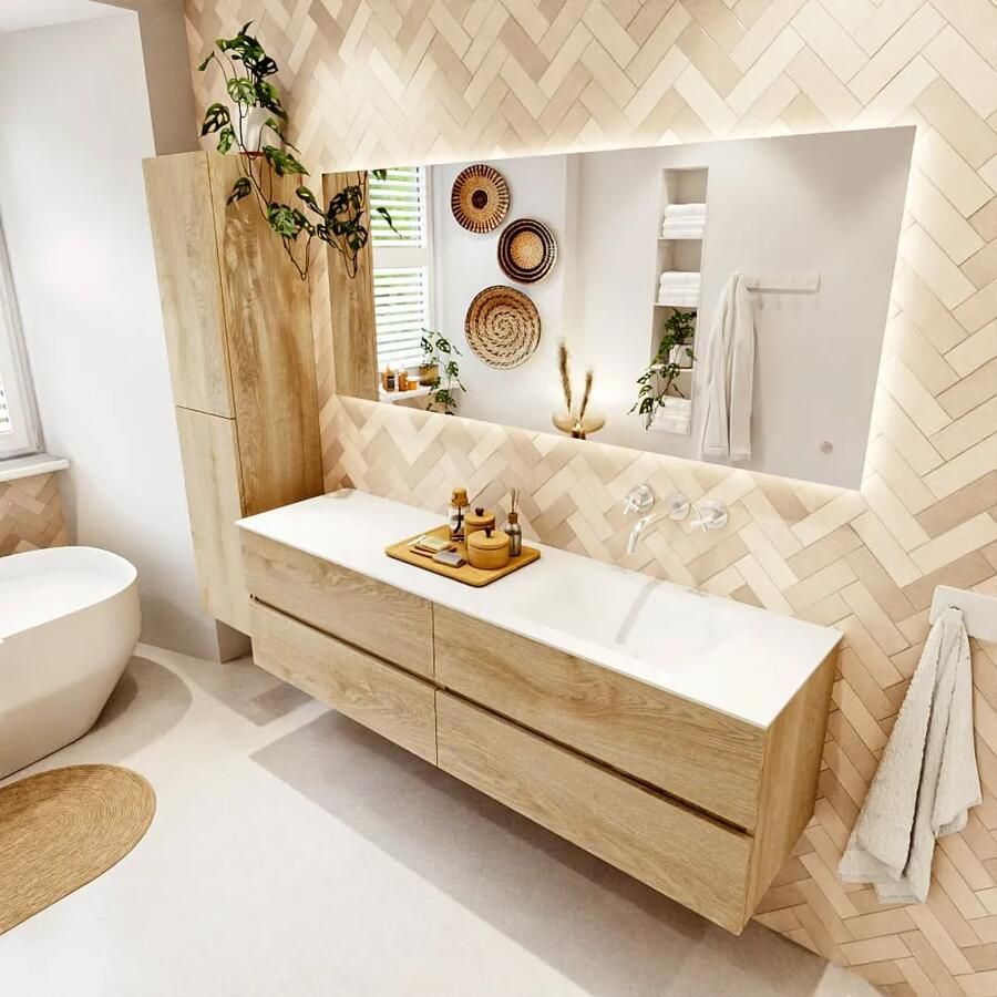 Mondiaz VICA 170cm badmeubel onderkast Washed Oak 4 lades. Wastafel CLOUD rechts zonder kraangat kleur Talc.