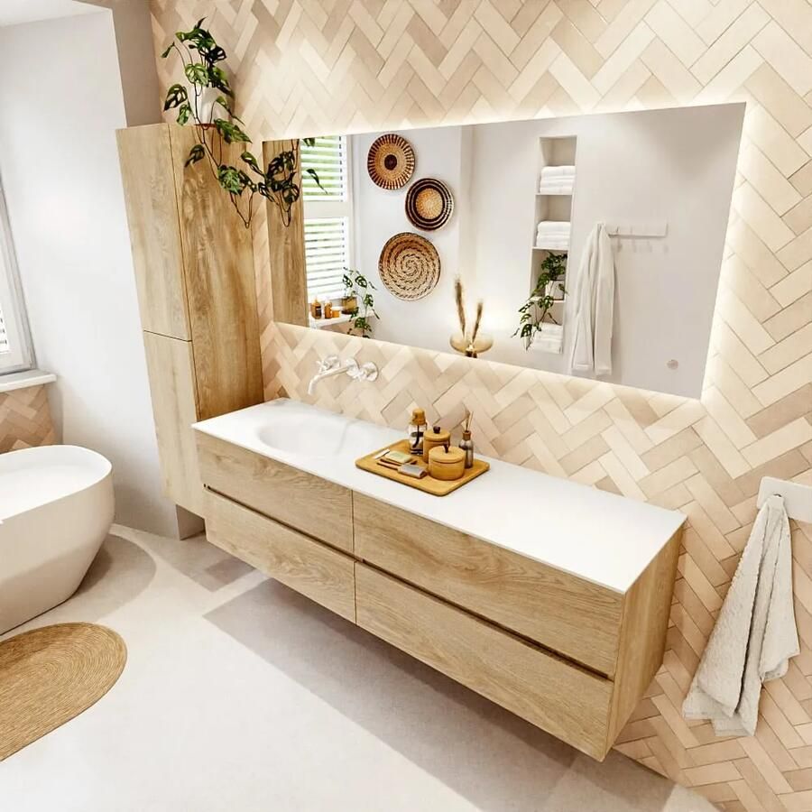 Mondiaz VICA 170cm badmeubel onderkast Washed Oak 4 lades. Wastafel MOON links zonder kraangat kleur Talc.