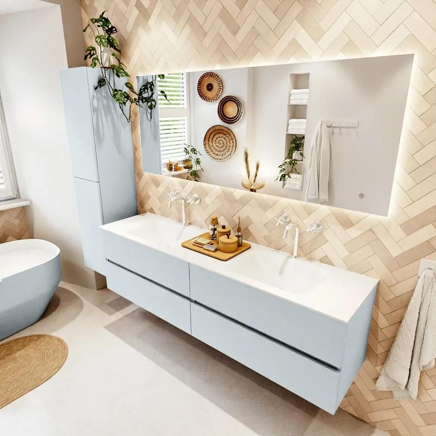 Mondiaz VICA 180cm badmeubel onderkast Clay 4 lades. Wastafel CLOUD dubbel 2 kraangaten kleur Talc.