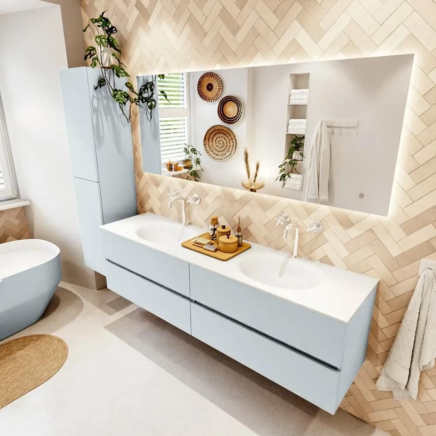 Mondiaz VICA 180cm badmeubel onderkast Clay 4 lades. Wastafel MOON dubbel 2 kraangaten kleur Talc.