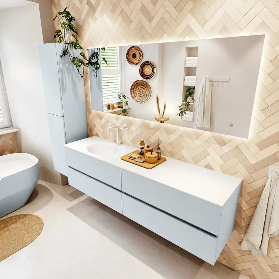 Mondiaz VICA 180cm badmeubel onderkast Clay 4 lades. Wastafel MOON links 1 kraangat kleur Talc.